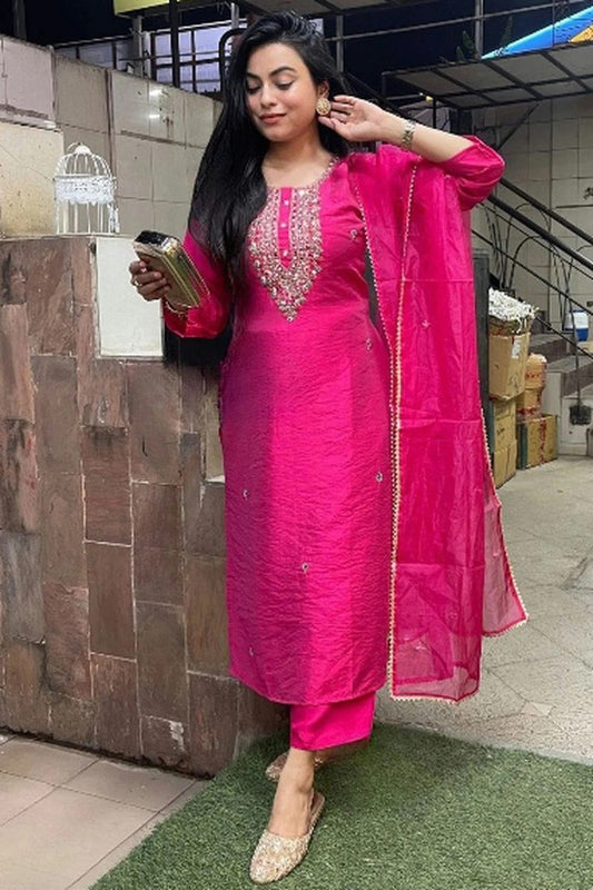 Pink Colour Embroidery Viscose Chanderi Stitched Suit SS1112484