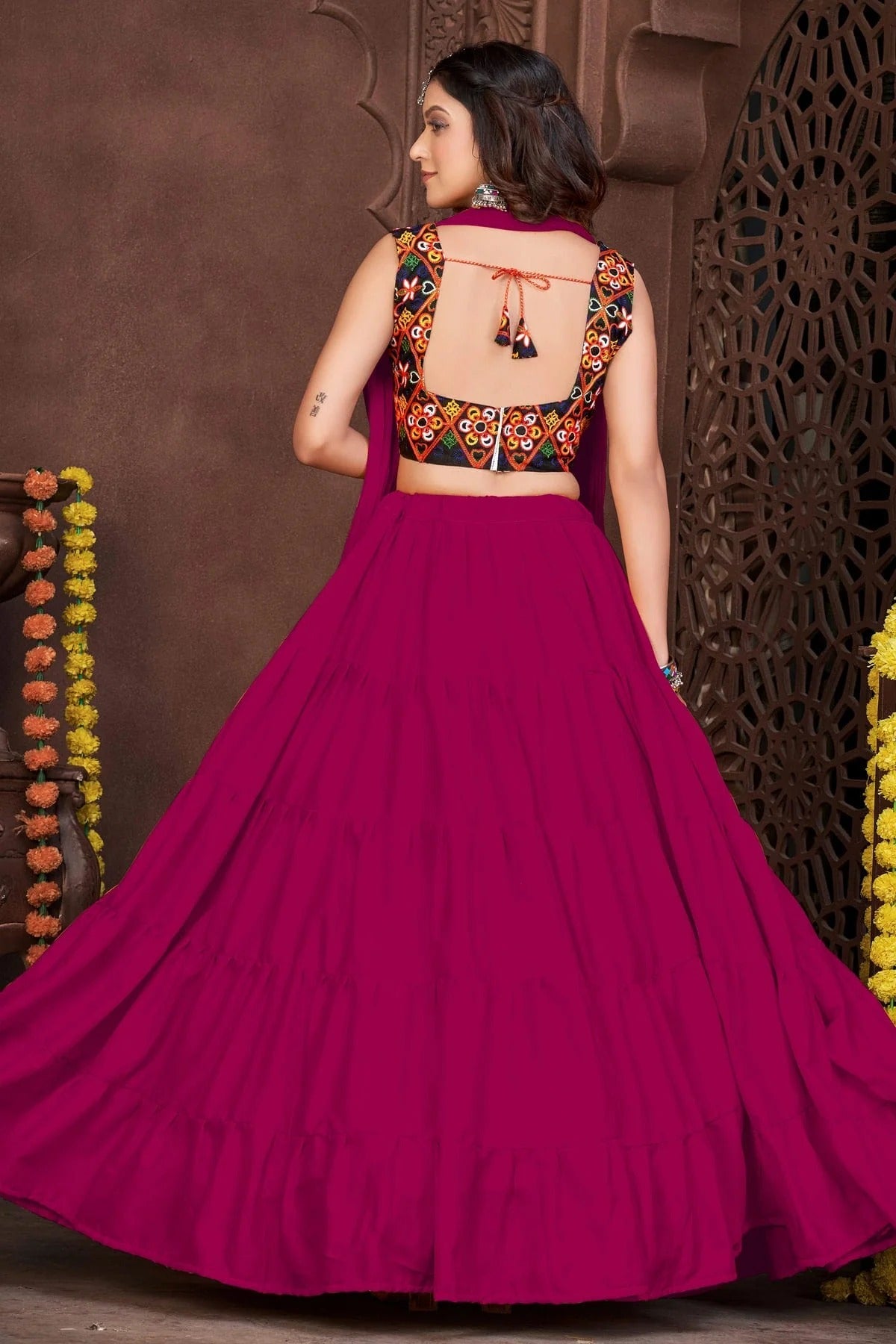 Pink Colour Embroidery Work French Crepe Navratri Lehenga LD1170002 A