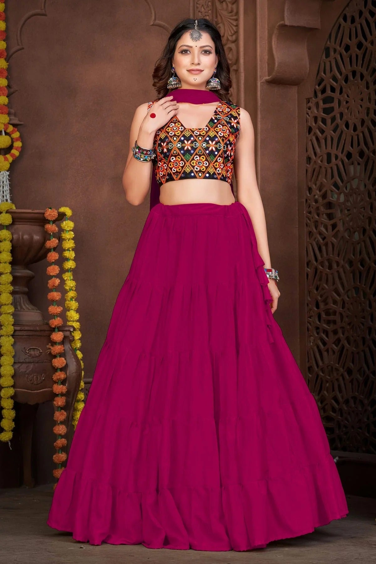 Pink Colour Embroidery Work French Crepe Navratri Lehenga LD1170002