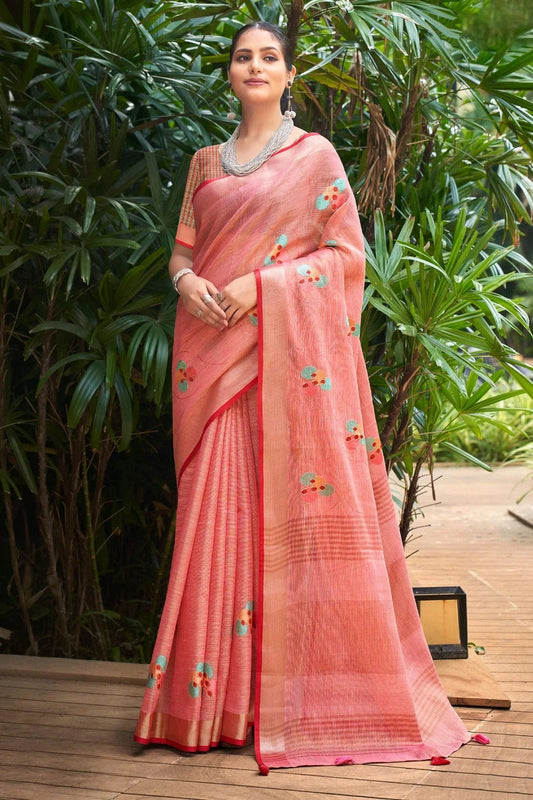 Pink Colour Embroidery Work Linen Saree SD1101530