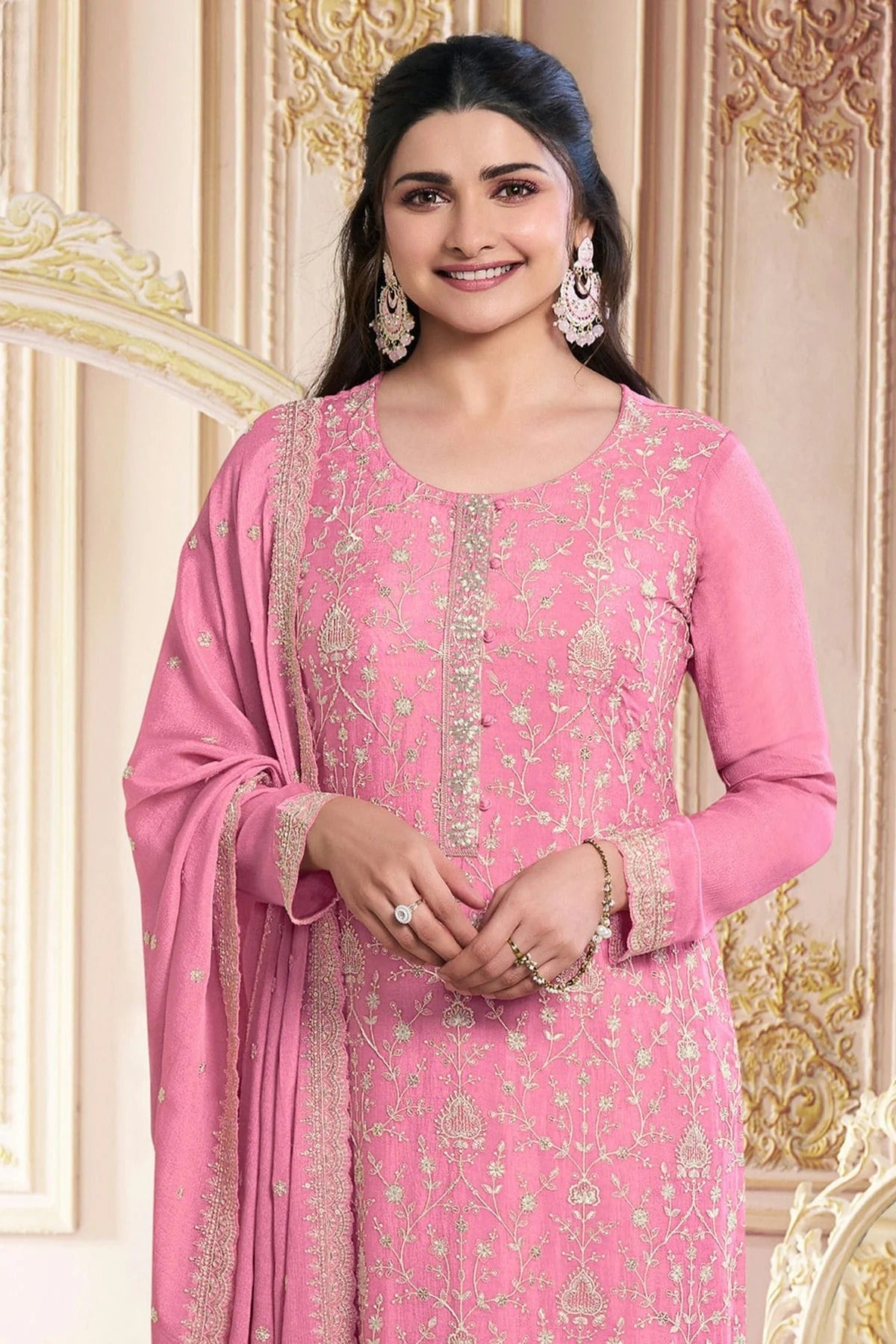 Pink Colour Faux Georgette Semi Stitched Pant Style Suit SM1140492 A
