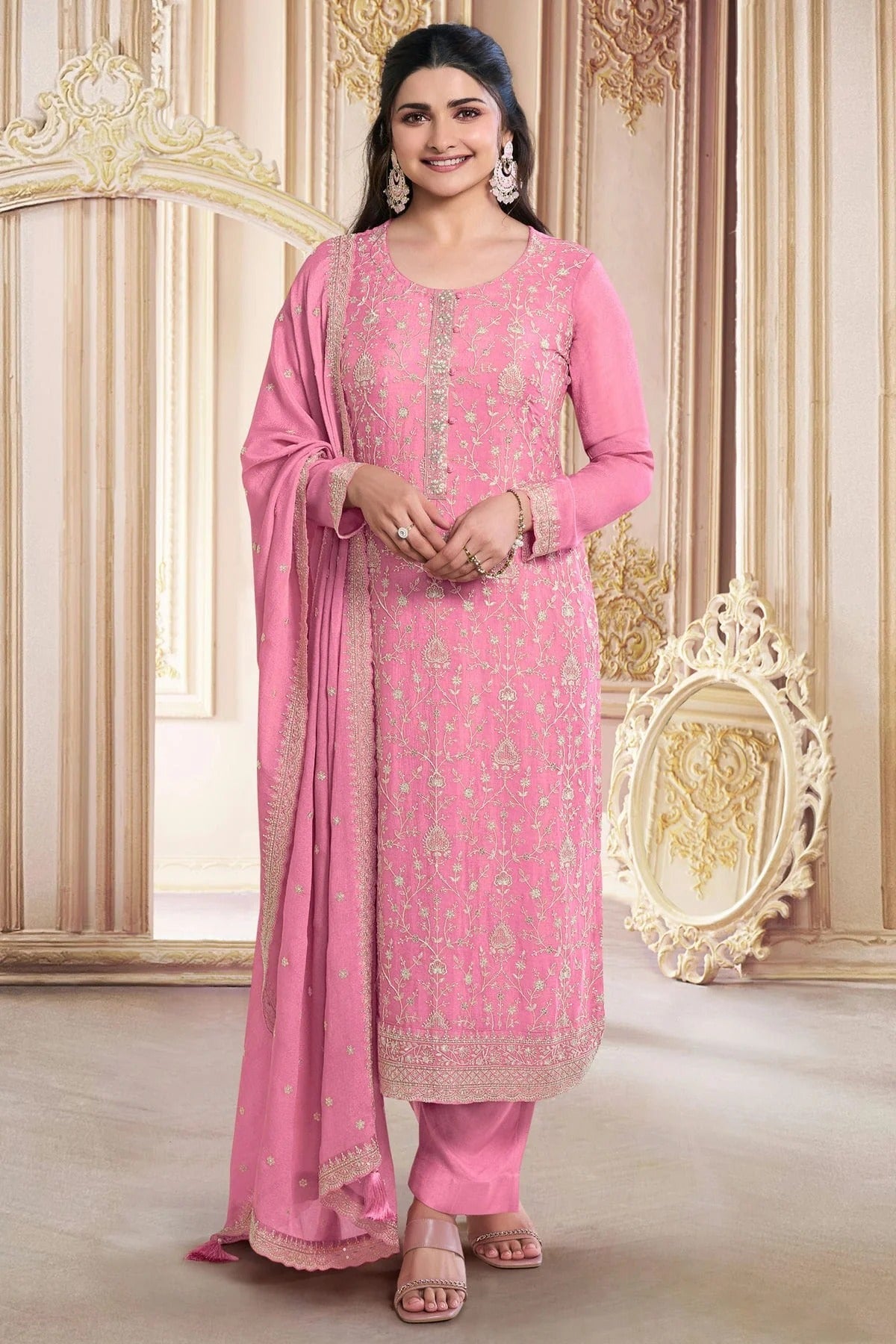 Pink Colour Faux Georgette Semi Stitched Pant Style Suit SM1140492
