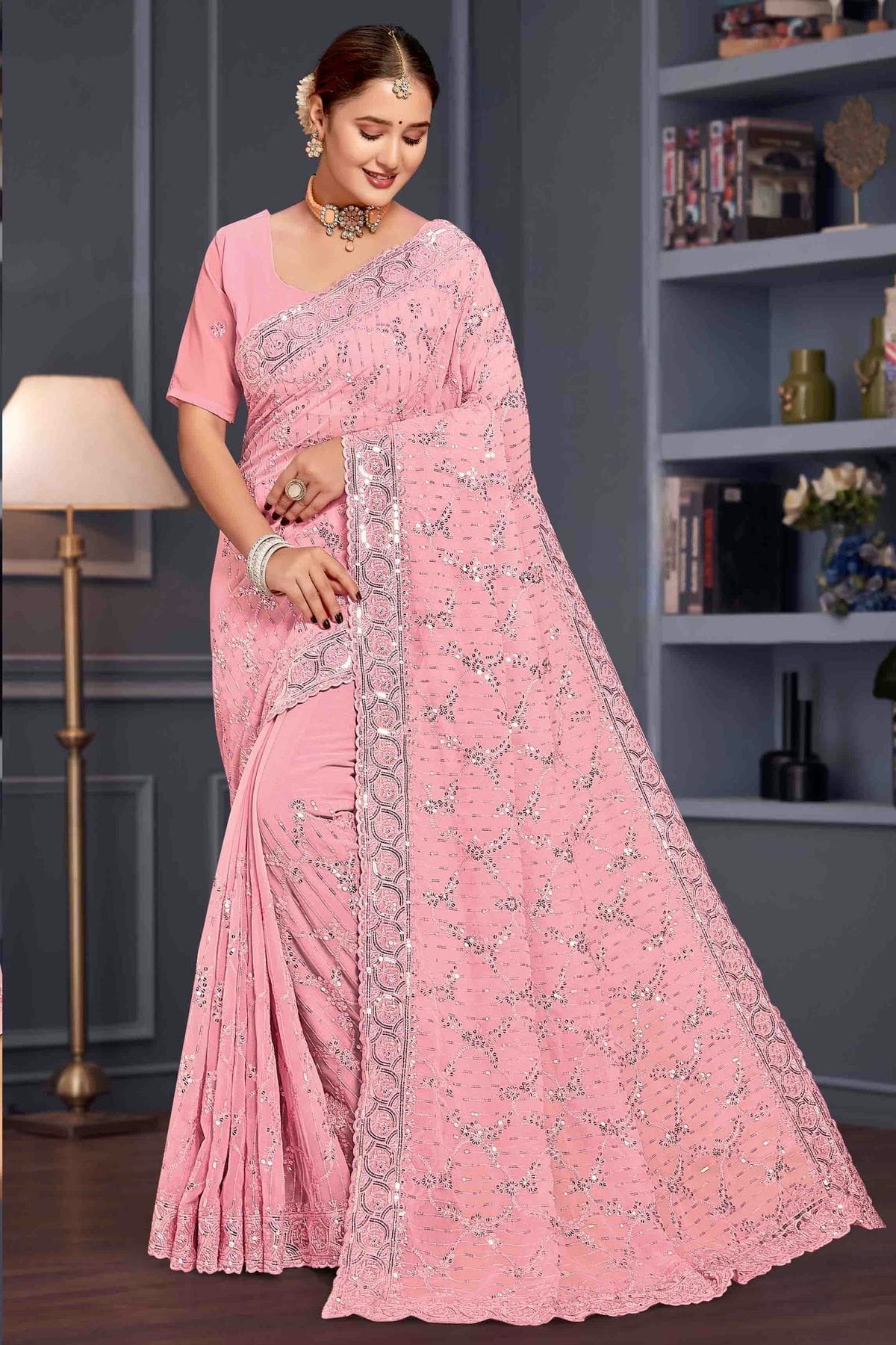 Pink Colour Georgette Embroidery Work Designer Saree SD1091254