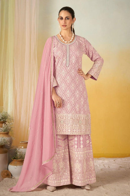 Pink Colour Georgette Embroidery Work Palazzo Pant Suit