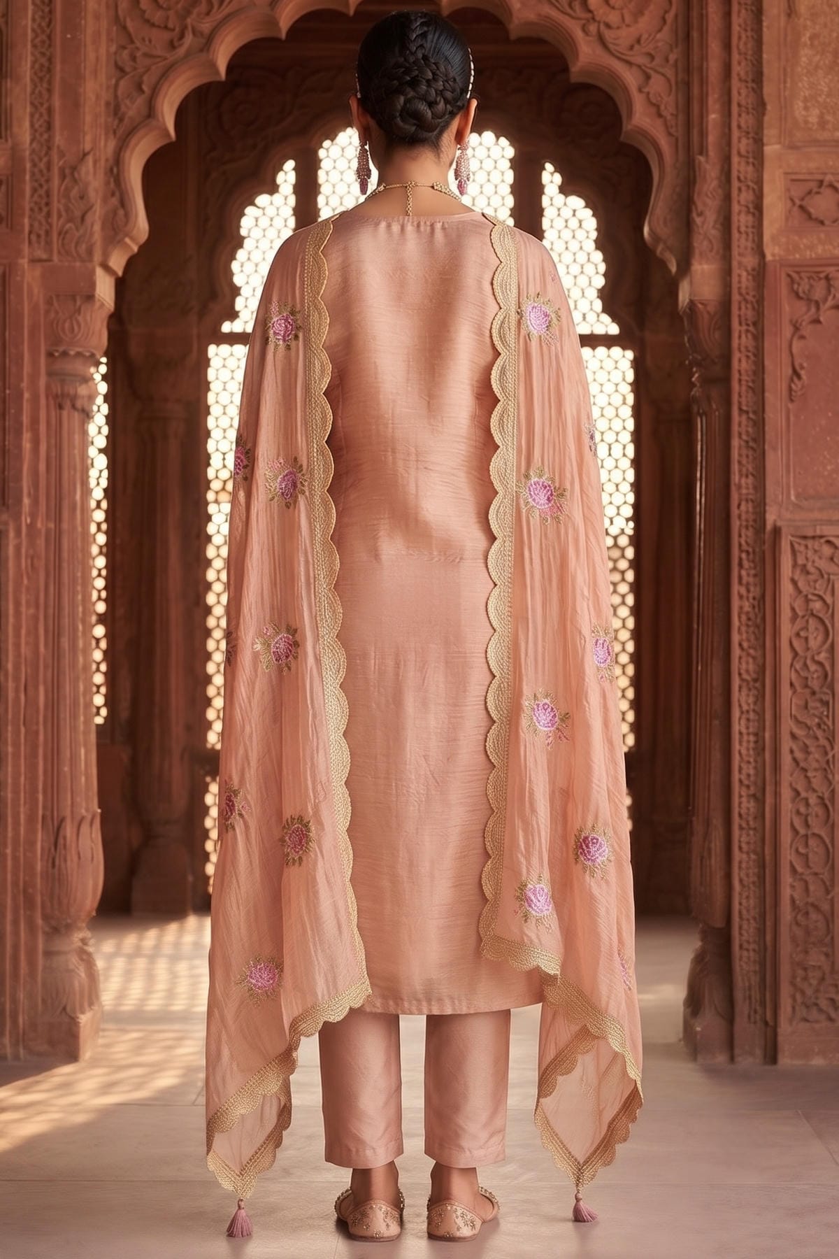 Pink Colour Gold Silk Embroidery Work Pant Style Suit