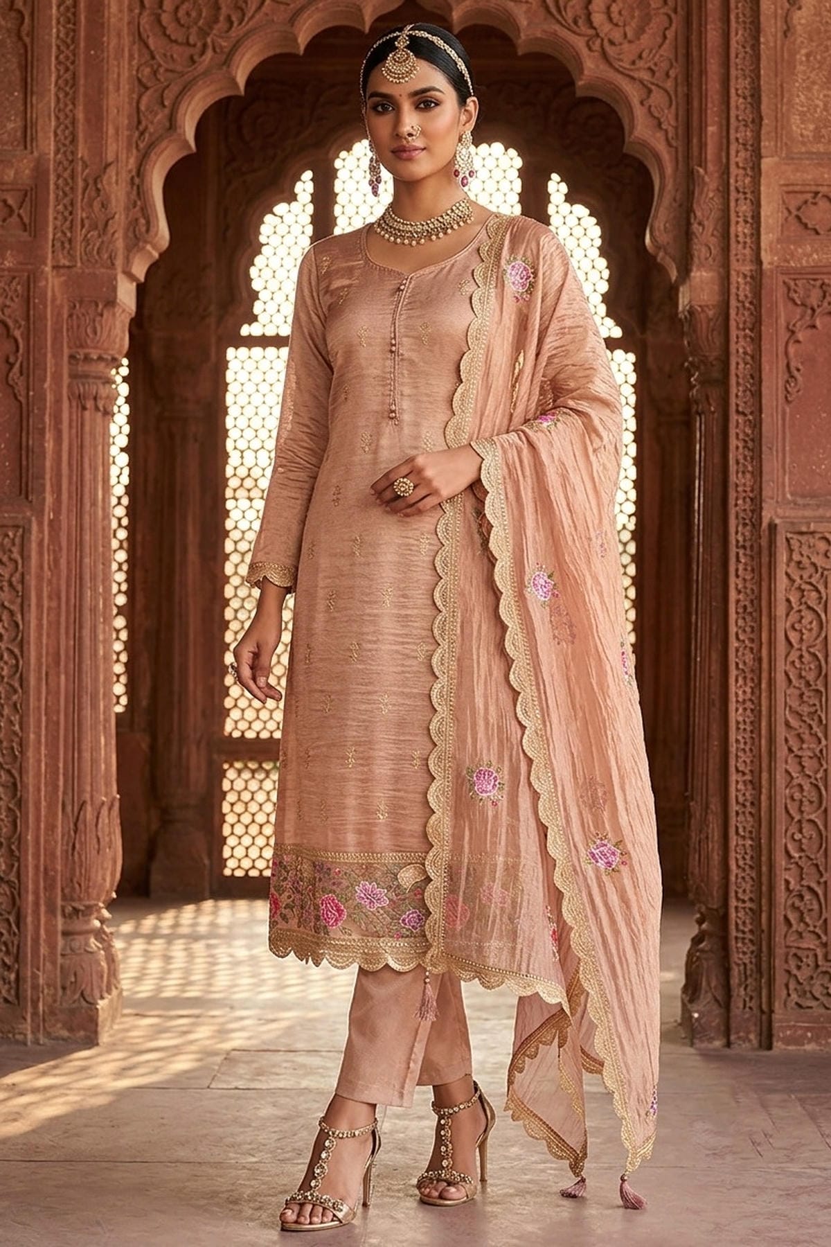 Pink Colour Gold Silk Embroidery Work Pant Style Suit