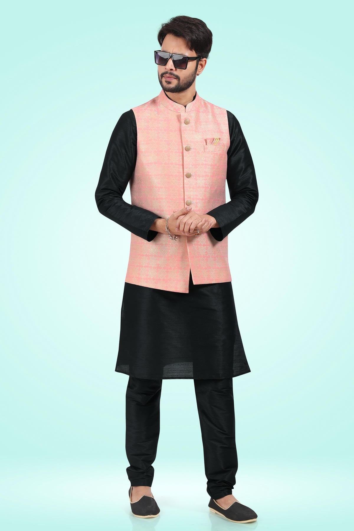 Pink Colour Jacquard Banarasi Silk Woven Work Kurta Pajama With Jacket