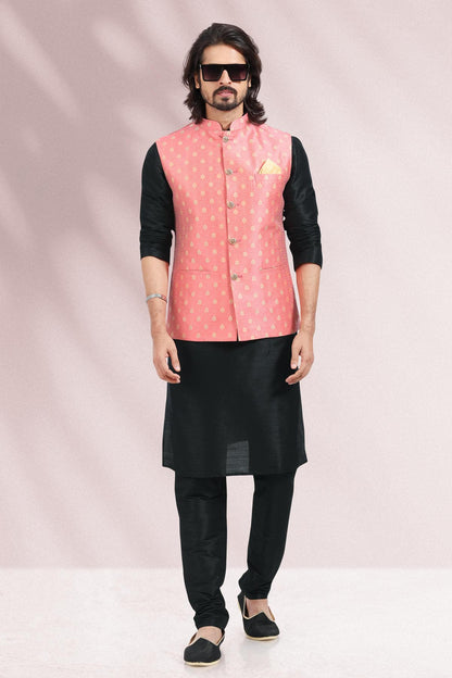Pink Colour Jacquard Banarasi Silk Woven Work Kurta Pajama With Jacket