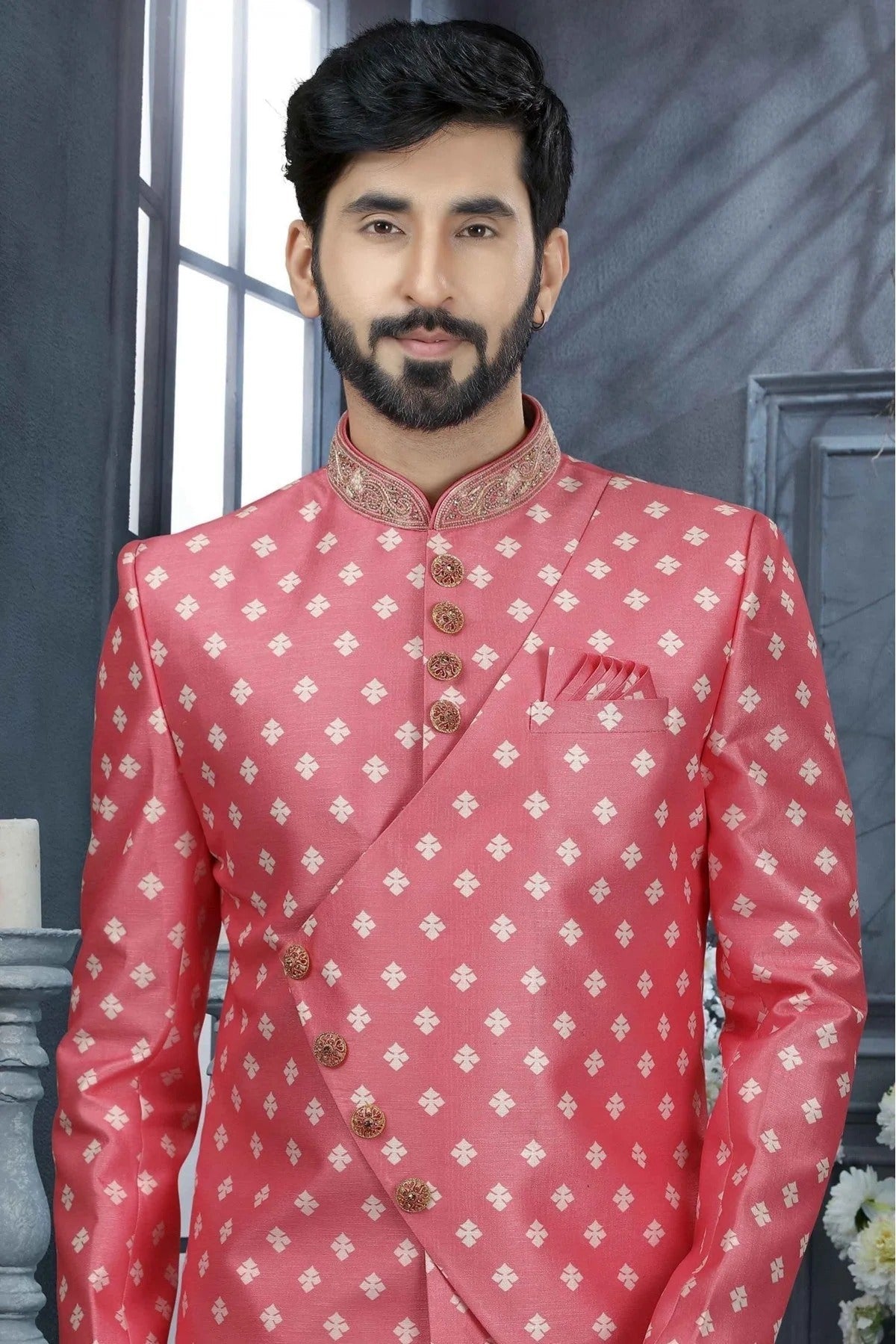 Pink Colour Jacquard Digital Print Sherwani SH1040339 A