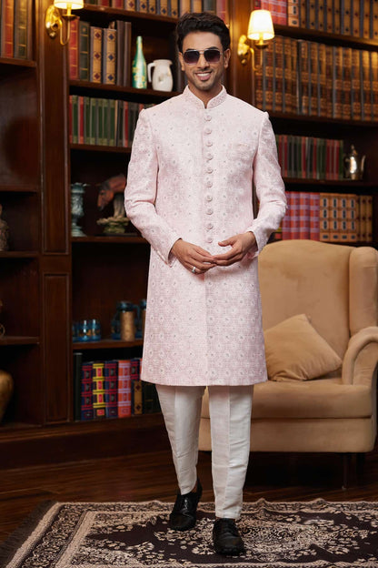 Pink Colour Jacquard Silk Embroidery Work Indo Western