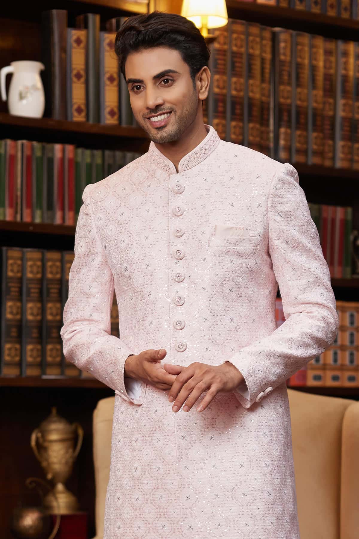 Pink Colour Jacquard Silk Embroidery Work Indo Western