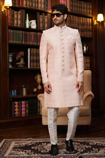 Pink Colour Jacquard Silk Embroidery Work Indo Western