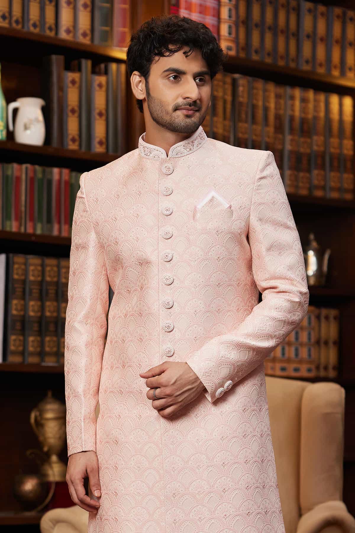 Pink Colour Jacquard Silk Embroidery Work Indo Western