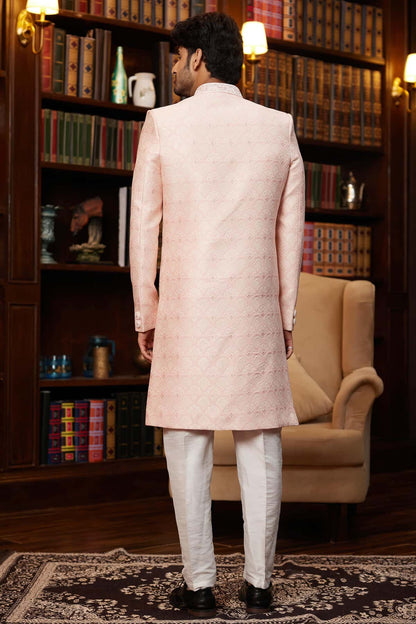 Pink Colour Jacquard Silk Embroidery Work Indo Western