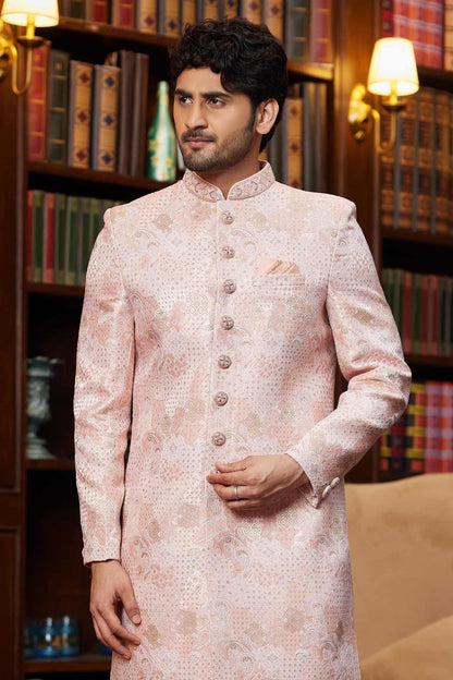 Pink Colour Jacquard Silk Embroidery Work Indo Western