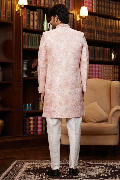 Pink Colour Jacquard Silk Embroidery Work Indo Western