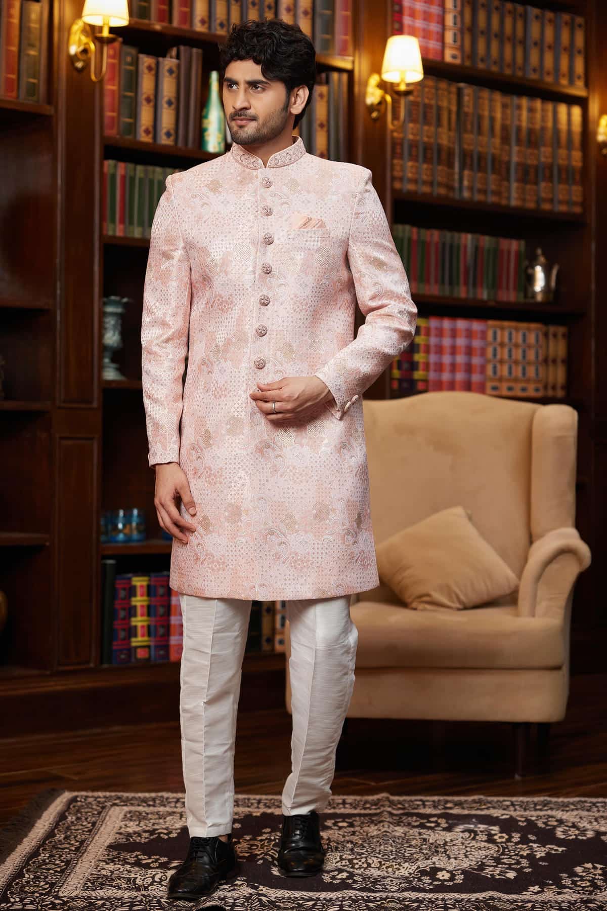 Pink Colour Jacquard Silk Embroidery Work Indo Western