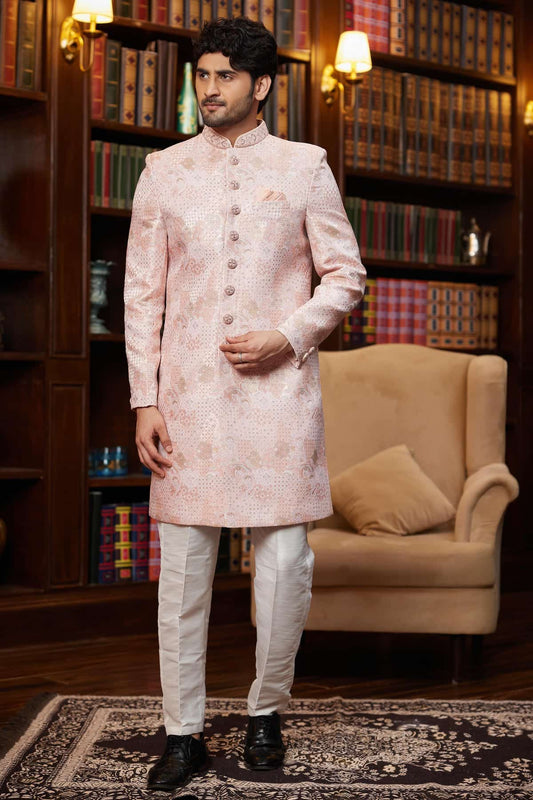 Pink Colour Jacquard Silk Embroidery Work Indo Western