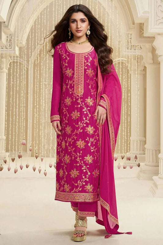 Pink Colour Jacquard Viscose Straight Suit SM1140579