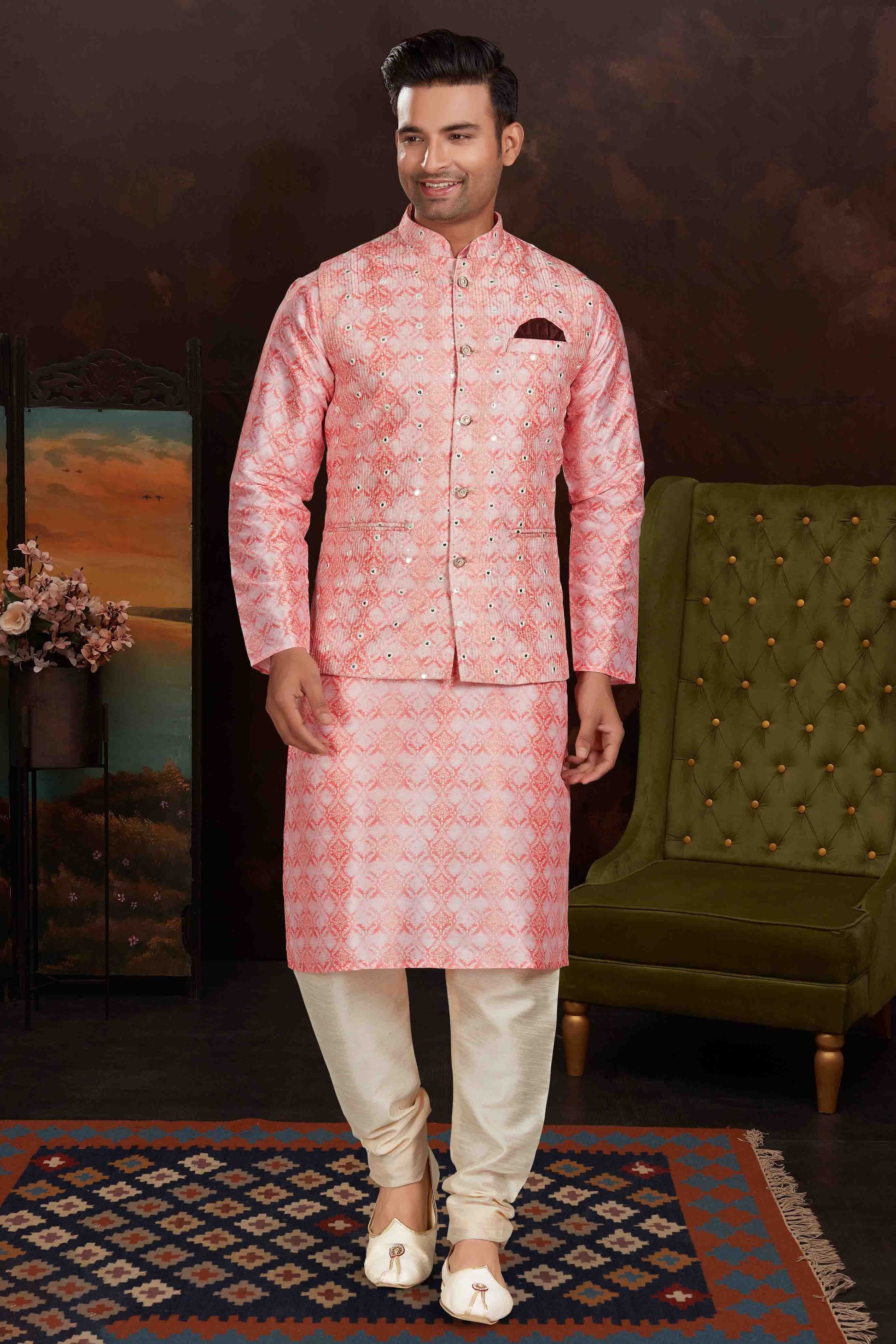 Pink Colour Kurta Pajama With Jacket In Malai Silk KP1210431 A