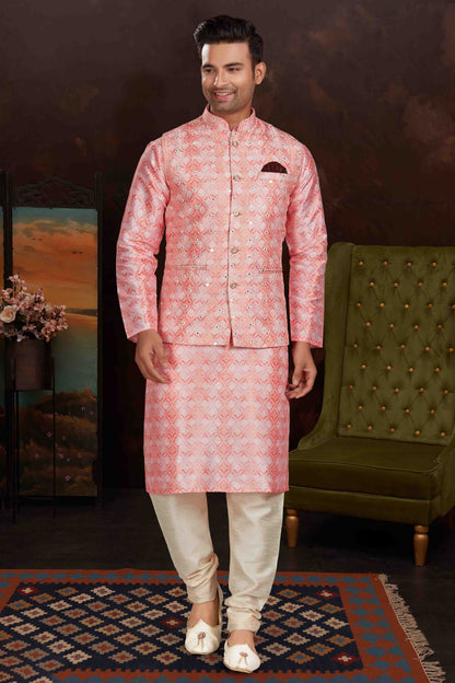Pink Colour Kurta Pajama With Jacket In Malai Silk KP1210431 A