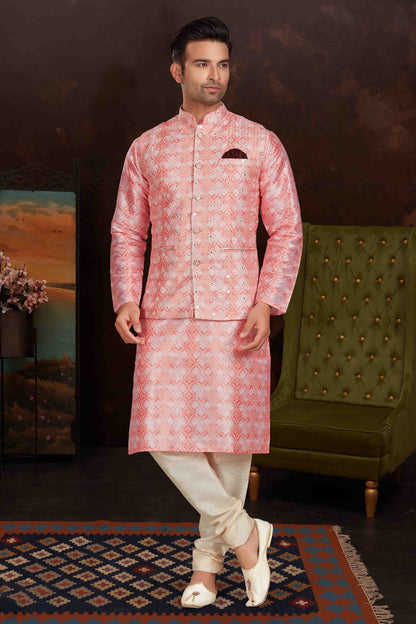 Pink Colour Kurta Pajama With Jacket In Malai Silk KP1210431