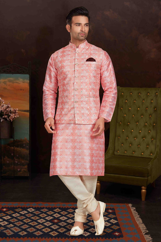 Pink Colour Kurta Pajama With Jacket In Malai Silk KP1210431