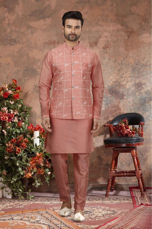 Pink Colour Kurta Pajama With Jacket In Silk Dupion Fabric KP1040185