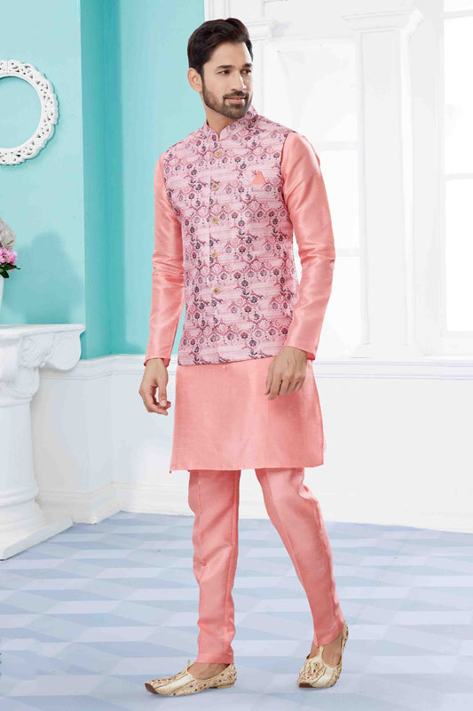 Pink Colour Kurta Pajama With Jacket In Silk Dupion Fabric KP1040452