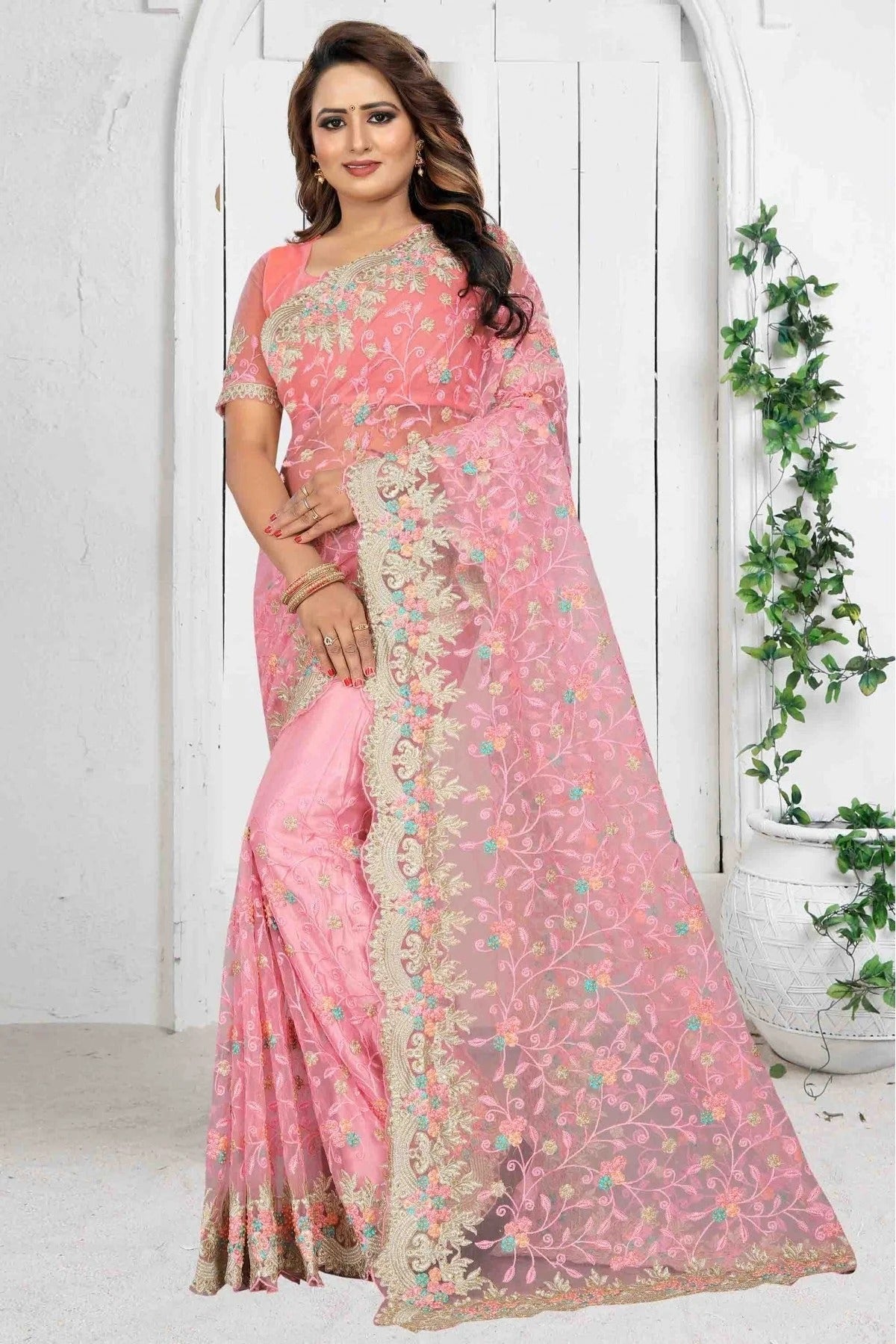 Pink Colour Net Designer Saree SD1090078