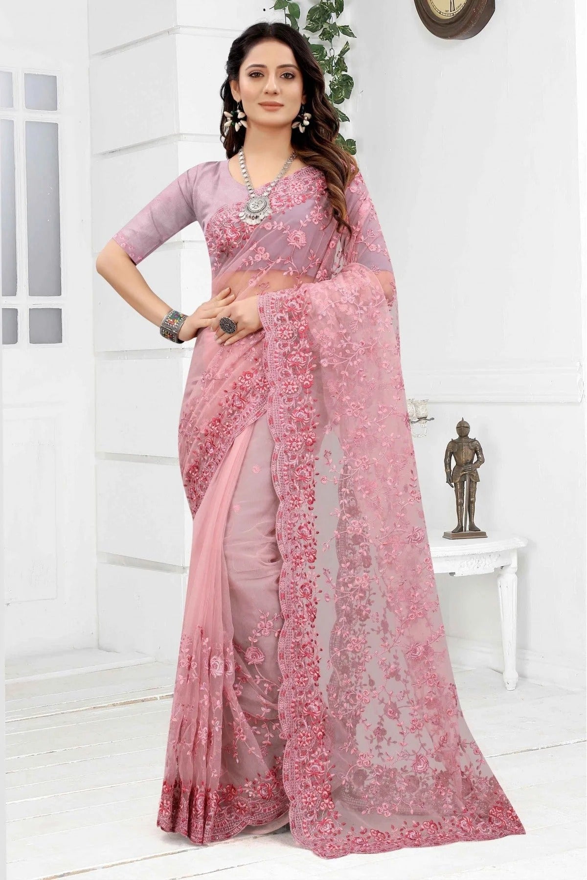 Pink Colour Net Embroidery Saree SD1090258