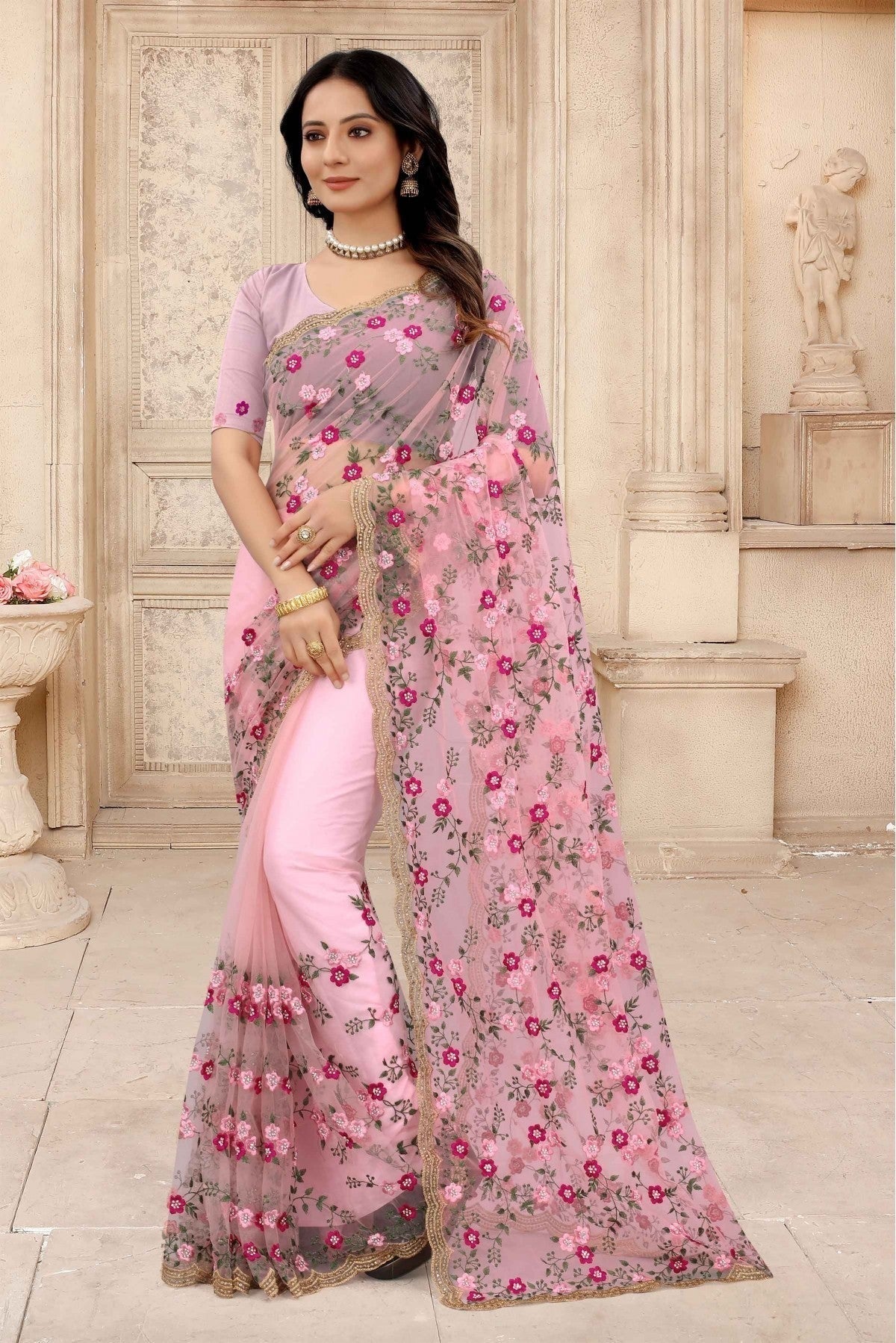 Pink Colour Net Embroidery Saree SD1090314