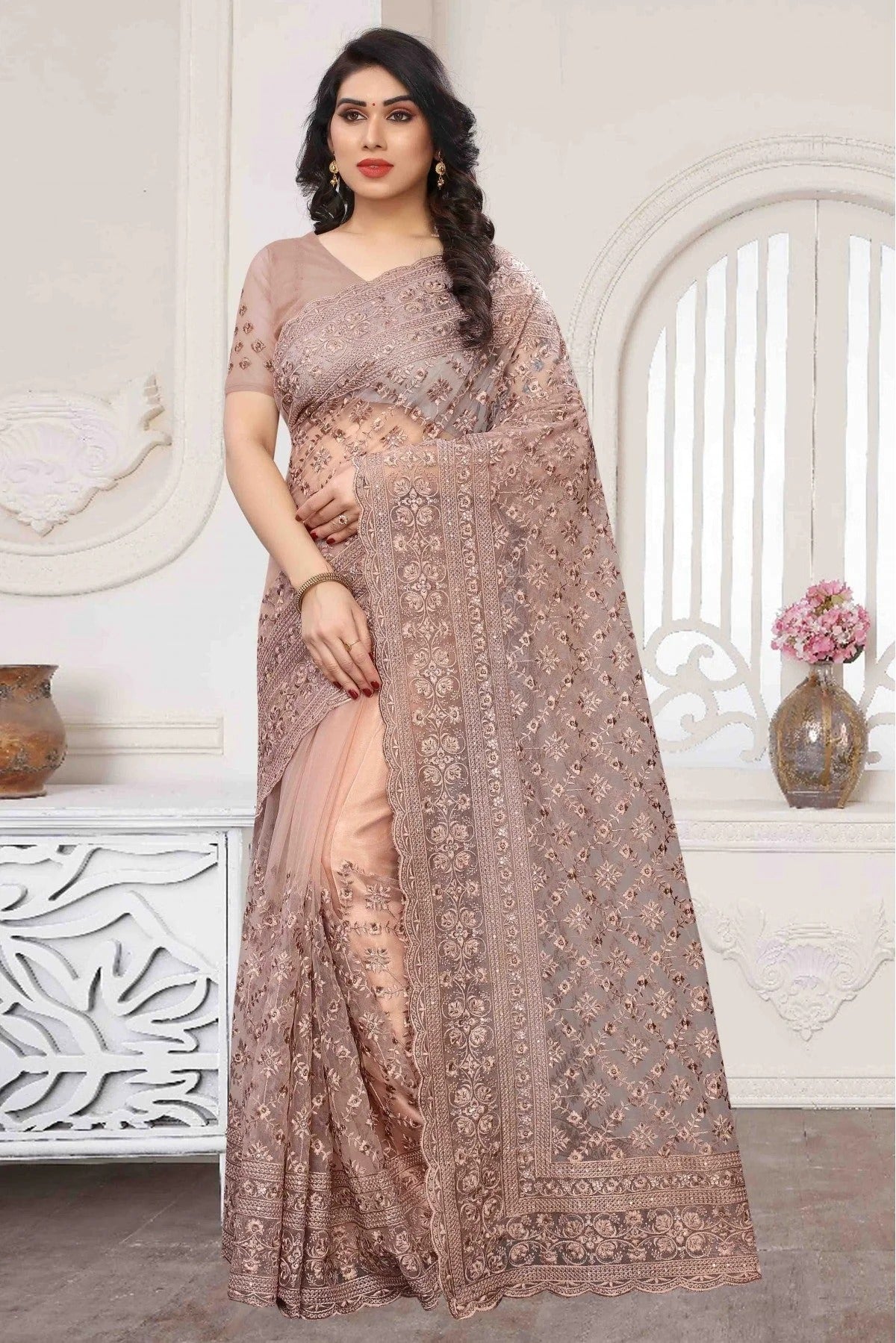 Pink Colour Net Embroidery Saree SD1090359