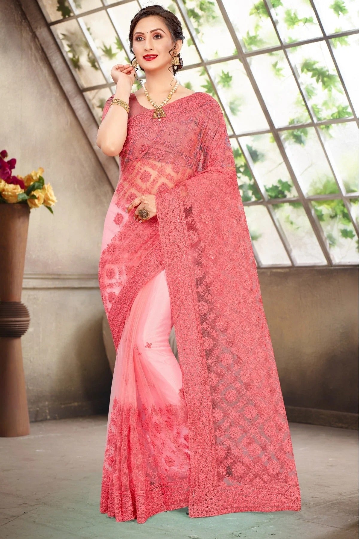 Pink Colour Net Embroidery Saree SD1090379