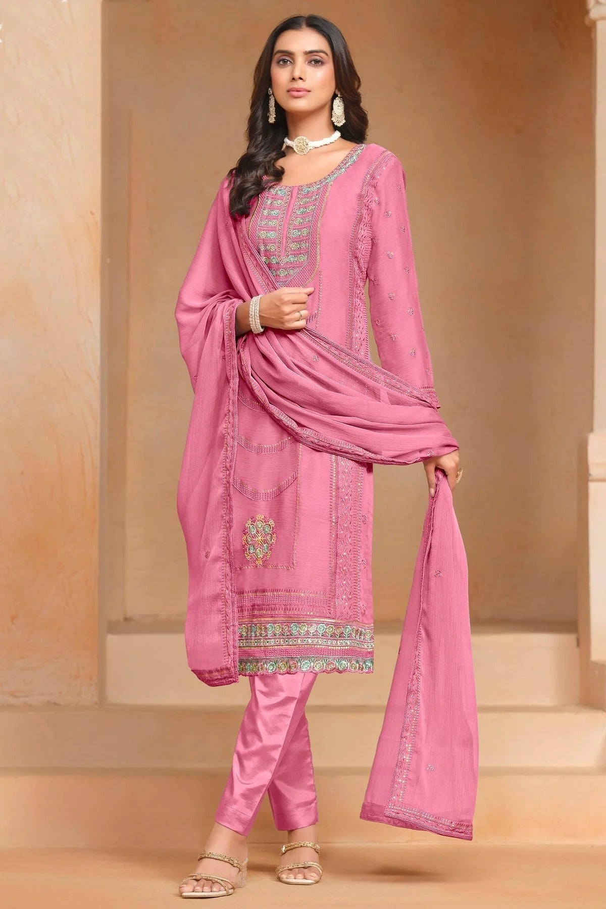 Pink Colour Organza Chiffon Semi Stitched Pant Style Suit SM1050612 A