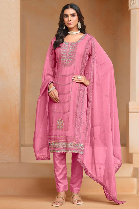 Pink Colour Organza Chiffon Semi Stitched Pant Style Suit SM1050612