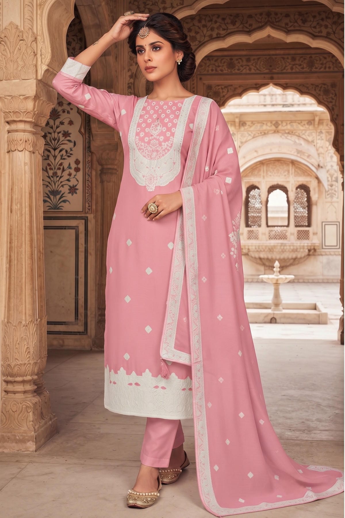 Pink Colour Organza Embroidery Work Pant Style Suit