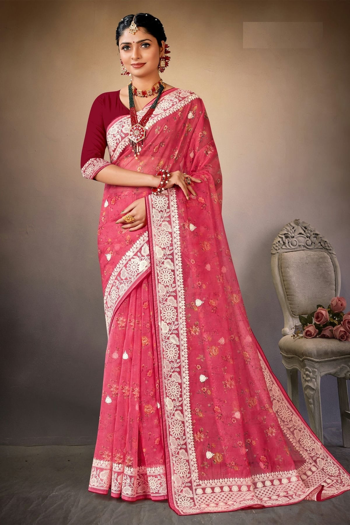 Pink Colour Organza Printed Saree LC1121571