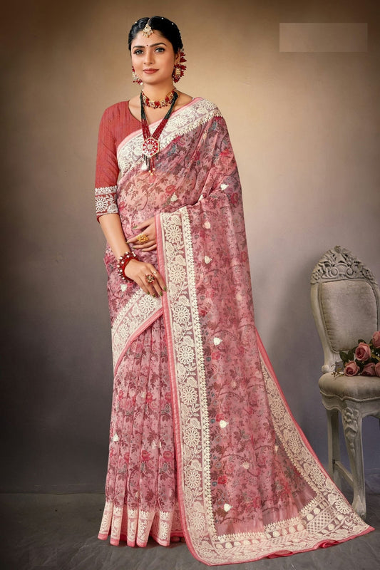 Pink Colour Organza Printed Saree LC1121579