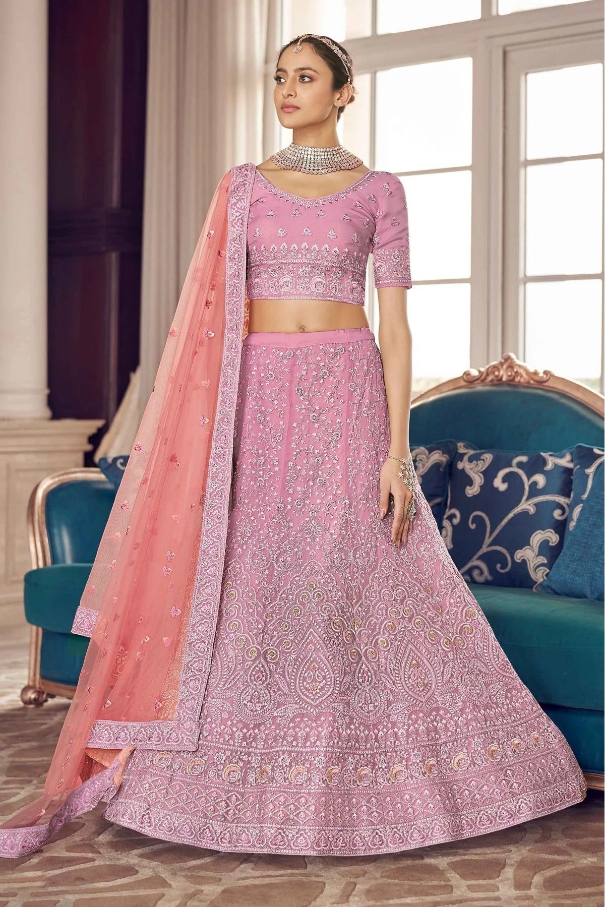 Pink Colour Organza Thread Work Lehenga Choli LC1080174