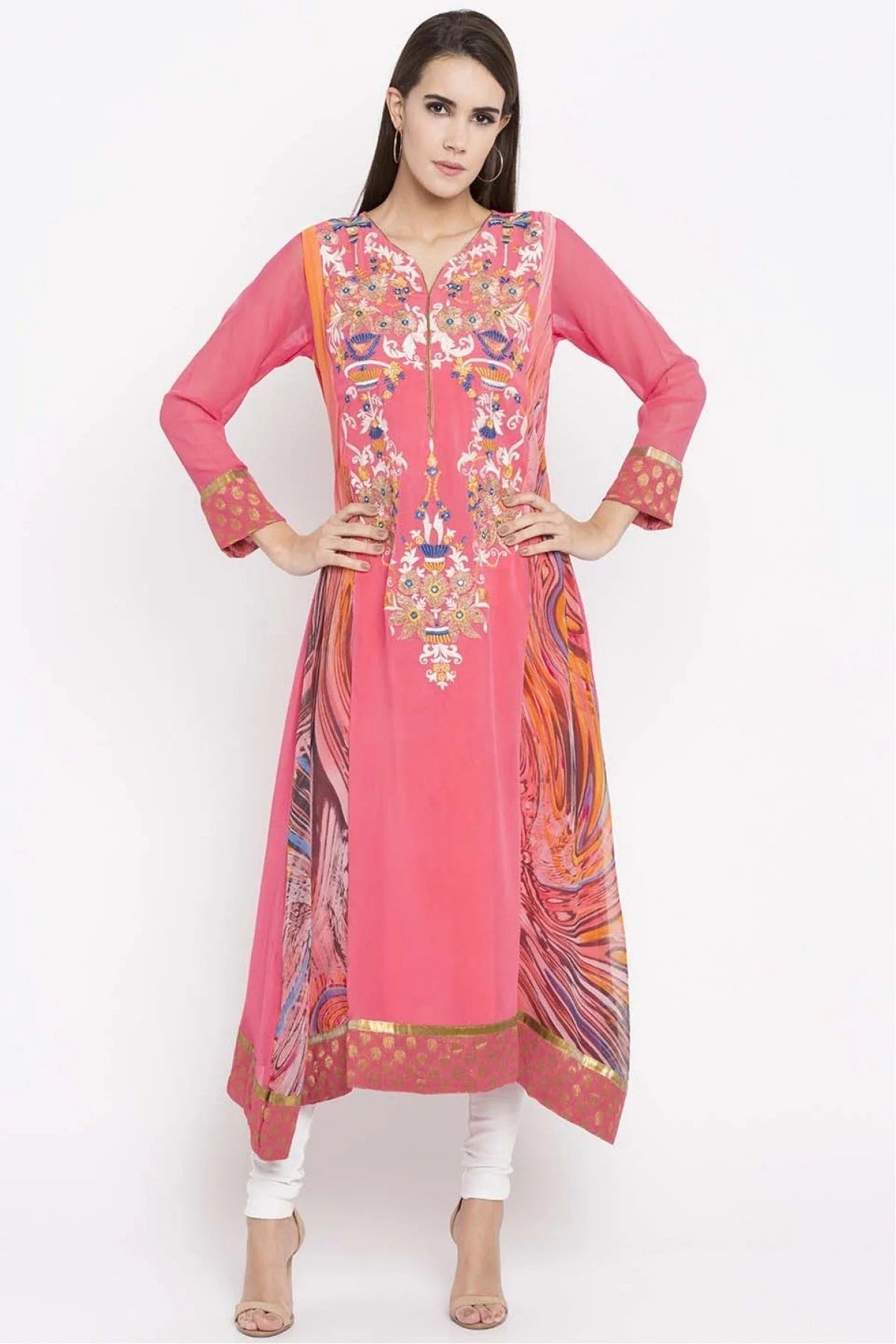 Pink Colour Plus Size Faux Georgette Embroidery Kurti KR1070447