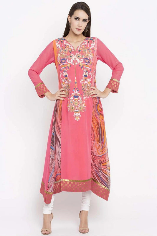 Pink Colour Plus Size Faux Georgette Embroidery Kurti KR1070447