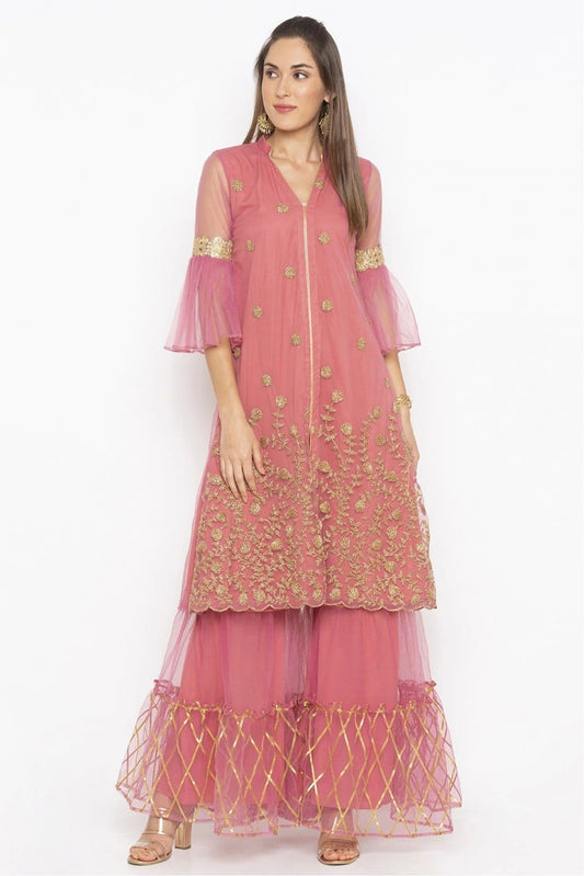 Pink Colour Plus Size Net Embroidery Kurta Set KR1070575