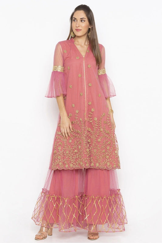Pink Colour Plus Size Net Embroidery Kurti KR1070455