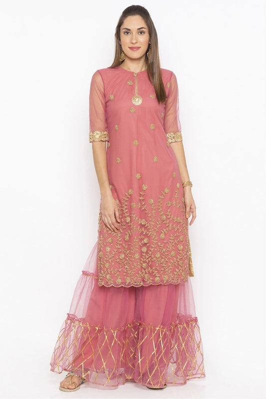 Pink Colour Plus Size Net Embroidery Kurti KR1070457