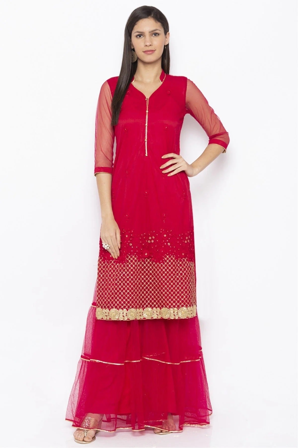 Pink Colour Plus Size Net Embroidery Kurti KR1070458
