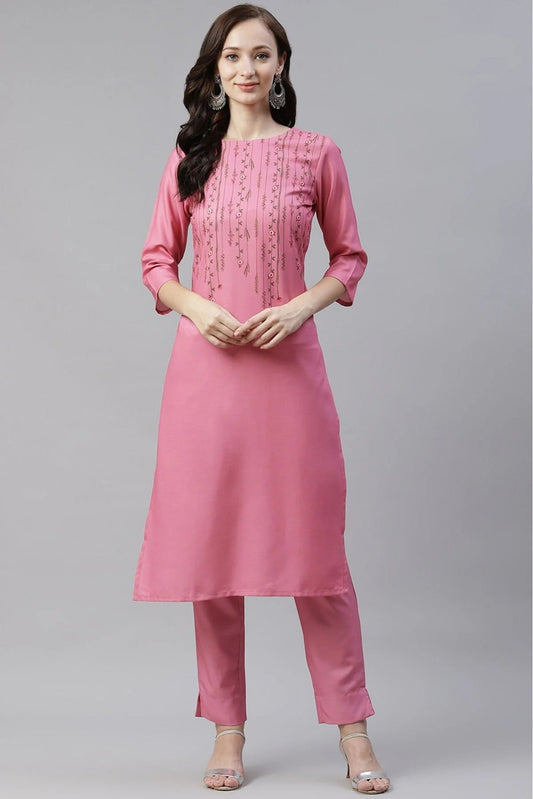 Pink Colour Plus Size Poly Rayon Digital Print Kurti With Pant Set KR1060096