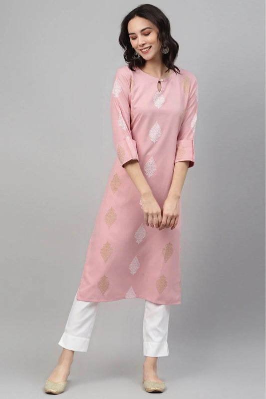 Pink Colour Plus Size Rayon Foil Print Kurti With Pant Set KR1060075