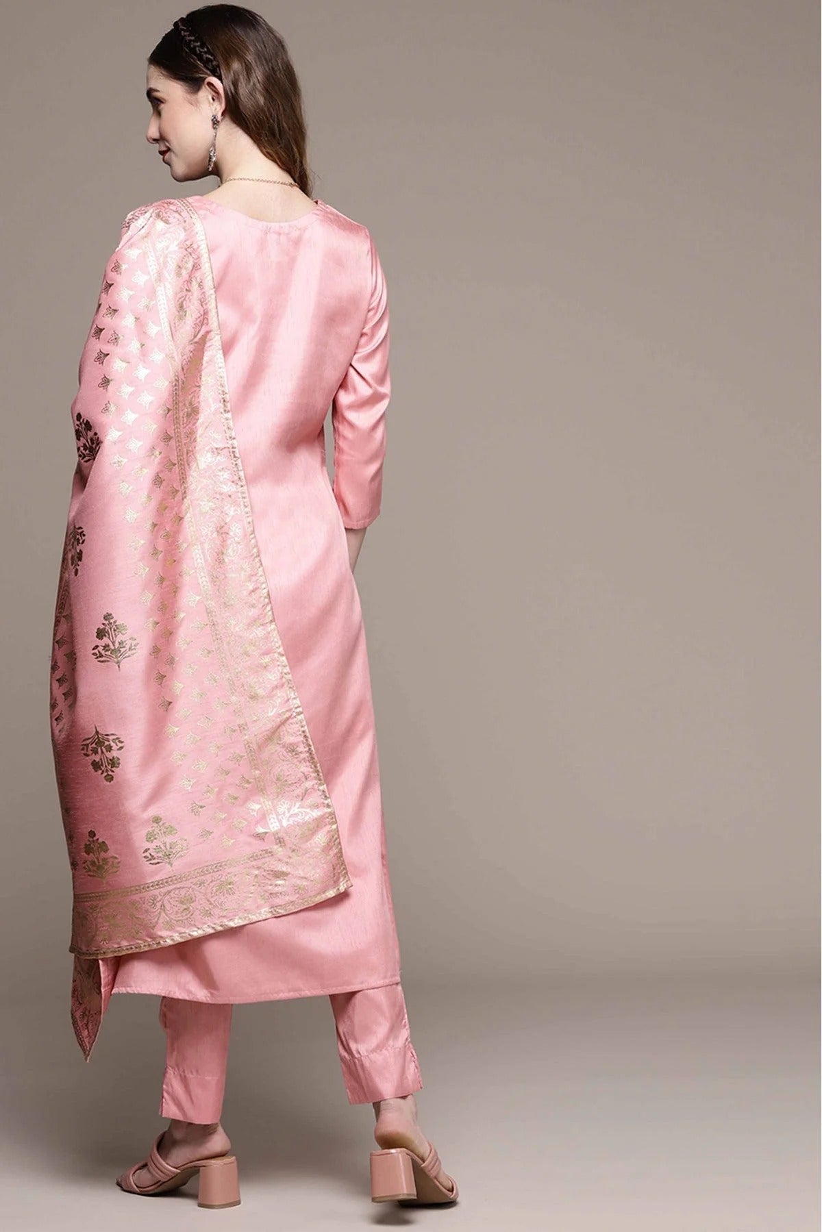 Pink Colour Poly Silk Foil Print Kurta Set With Dupatta KR1060321 B