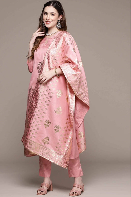 Pink Colour Poly Silk Foil Print Kurta Set With Dupatta KR1060321